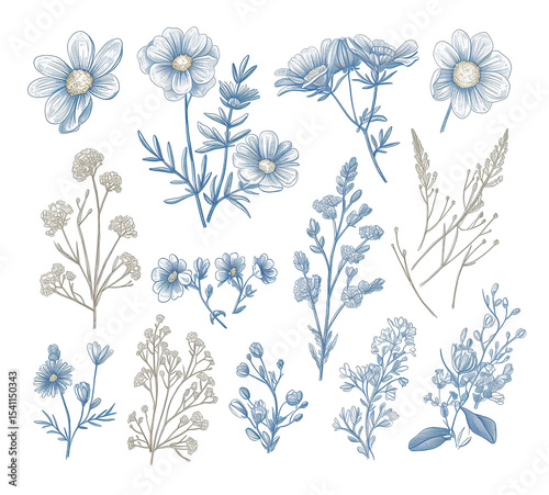 Blue minimalist artistic hand-drawn line art floral illustrations with transparent PNG background for home decor, cultural creative design, and product packaging