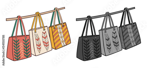 Colorful tote bags with various patterns and handles hanging on a wooden dowel illustration on white background