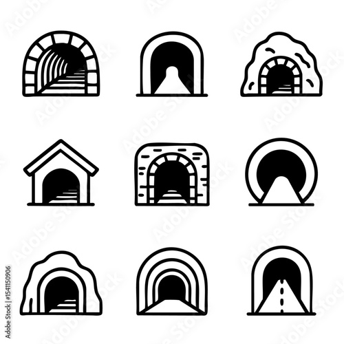 A set of doodle line icons featuring various tunnel entrances, mountain tunnels, road passages, and underground access designs