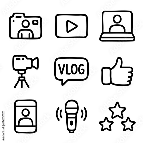 A set of doodle line icons representing vlogging, video content creation, streaming tools, social media interaction, and audience feedback