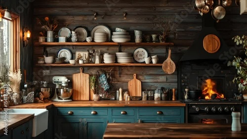 Rustic kitchen with wood walls, open shelving, and vintage appliances