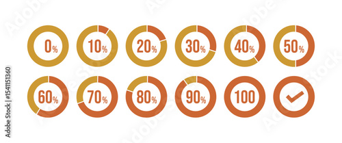 Icon Set of Circular Progress Diagrams: 10% to 100%, Vector Chart