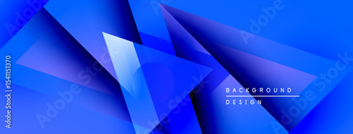 Abstract blue geometric shapes overlap creating dynamic visual effect. Gradient shades enhance depth, modern design elements present.