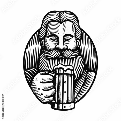 Bearded man holding beer mug for International Beer Day celebration.  This illustration features a mature man with long hair and beard, enjoying a frosty beer in a traditional mug.