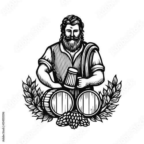 Bearded man brewing beer. Craft beer brewing process shown with strong brewer holding beer mug and barrels.  Stylish design with hop and barley for International Beer Day celebrations.