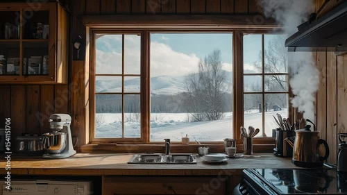 Rustic kitchen with snowy mountain view, steaming kettle