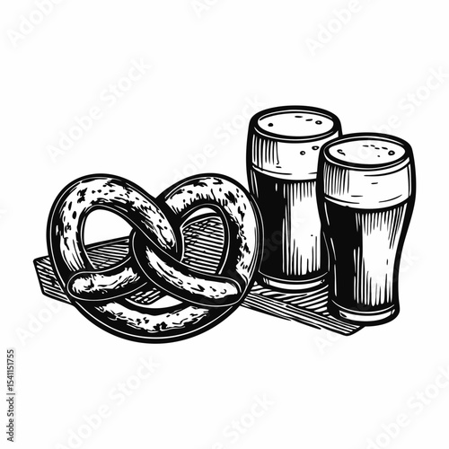Beer and pretzels on wooden board. Two glasses of dark beer next to fresh pretzel.  Perfect illustration for International Beer Day celebration. This image is ideal for brewery menus, bar posters,
