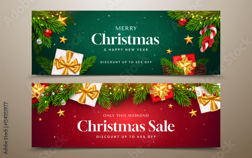 Horizontal Christmas Banner with Baubles and Gifts