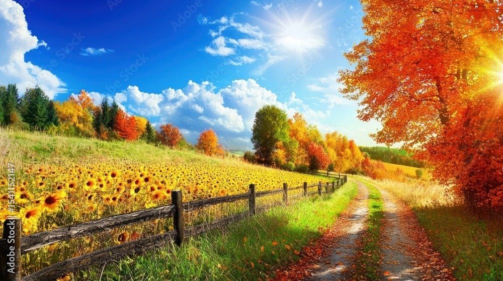 Naklejka premium A picturesque autumn landscape with a dirt road winding through a field of sunflowers and a colorful autumn forest, with a bright sun shining down on the scene.