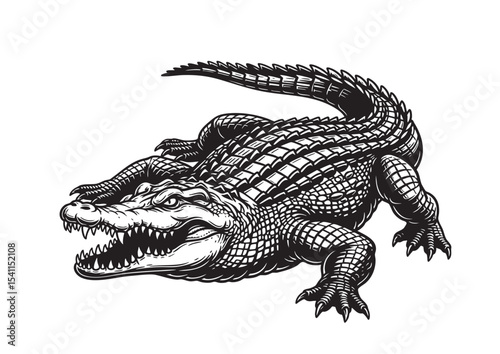 Detailed engraving of an aggressive crocodile with open jaws, textured black and white artwork ideal for wildlife, danger, or reptile themes.