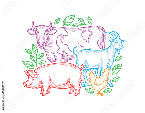 Colorful farm animal group cow, pig, goat, chicken drawn in engraved line art style, surrounded by green leaves for eco and agriculture themes.