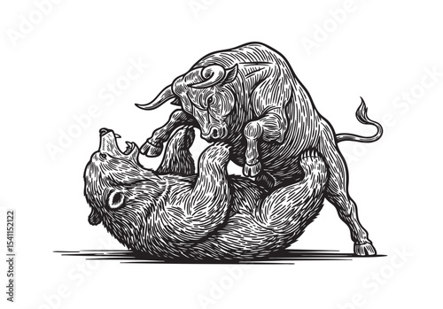 Engraved style of a fierce bull pinning a bear to the ground, symbolizing financial conflict and power struggle, classic black and white.