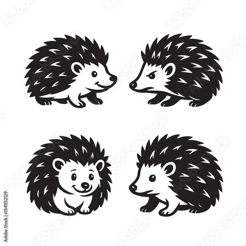 Cute cartoon hedgehogs in various poses, black and white vector silhouettes with charming spiky designs, ideal for kids and mascot use.