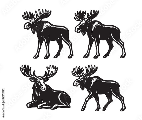 Black and white vector moose in multiple poses standing, walking, sitting classic engraved style perfect for wilderness, hunting, and wildlife design.