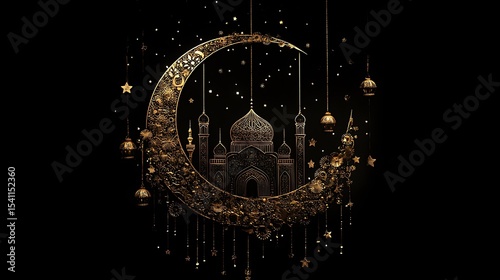 Golden floral crescent moon adorns an ornate mosque in beautiful detail against a black background