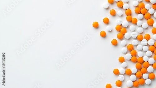 White background with orange and white circular pills scattered on the right side, creating an abstract pattern. The image has a flat lay perspective with no text or graphics in it. It is suitable 