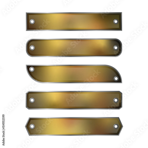 Elegant Collection of Shimmering 3D Gold and Bronze Banner Shapes with Chrome Accents and Hole Details
