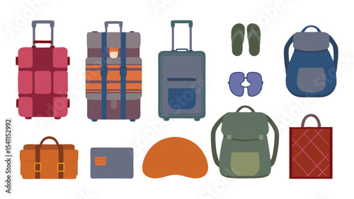 A collection of travel essentials including luggage, bags, sunglasses, and flip flops for vacation