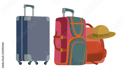 Illustration of a blue suitcase, a pink suitcase, an orange backpack, and a brown hat for travel