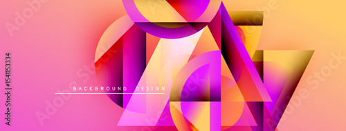 Abstract geometric shapes blend vibrant pinks, oranges, yellows. Modern design creates dynamic visual texture. Background features layered forms.