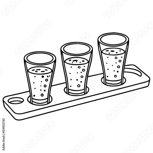 Beer flight sampler with three glasses on wooden tray. Craft beer tasting set perfect for brewery menu or pub advertisement. This beer flight sampler is ideal for International Beer Day celebrations.
