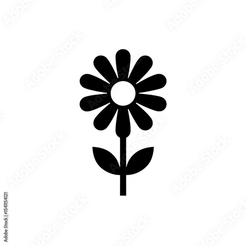Floral icon with central circle and six evenly spaced rounded petals in black silhouette