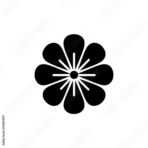 Abstract flower icon with ten thick rounded petals in black silhouette for decorative use