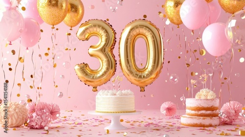 Thirty Years Celebration with number 30 Gold Balloon Birthday Party Scene with Cakes and Confetti