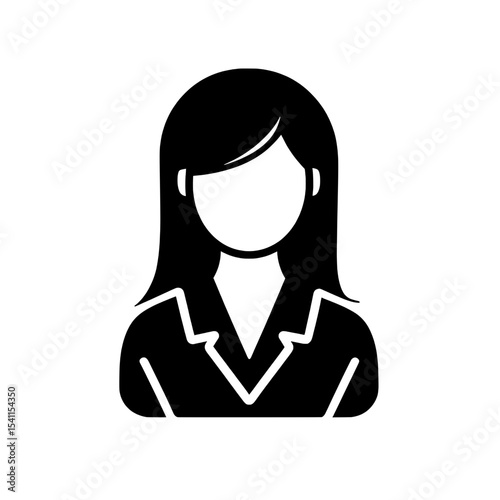 Businesswoman avatar icon in solid black with long hair and blazer for corporate user profile