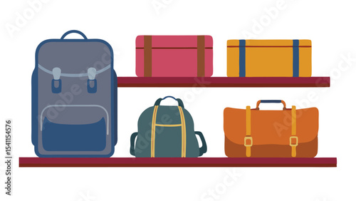 Illustration of various bags and suitcases arranged neatly on two dark red shelves in storage area