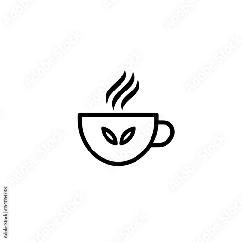 Herbal tea cup icon with leaf symbol and curved steam lines in outline flat style