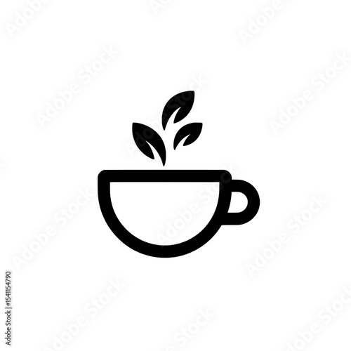 Side view of tea cup icon with sprouting leaves and handle in black silhouette style