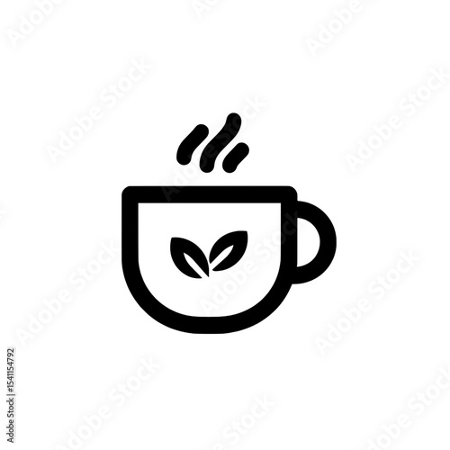 Minimal tea cup icon with steam lines and leaf graphic for natural hot beverage representation