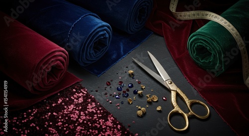 Rolls of velvet fabric with scissors and embellishments on dark surface