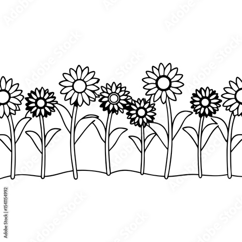 Sunflowers field line art. Simple black and white illustration of sunflowers field perfect for coloring pages.  Elegant sunflower field design suitable for honey packaging.