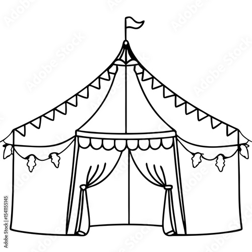 Traditional honey fair tent with bunting and draped foliage.  Honey festival tent illustration shows classic design with decorative elements.