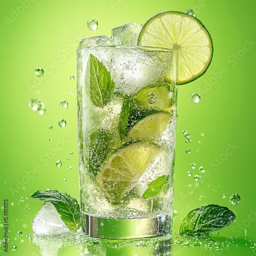 Refreshing Mojito Cocktail with Lime Mint Ice Cubes Green Background