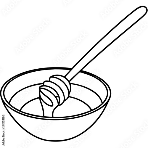 Honey in bowl with wooden spoon. Sweet honey in glass bowl and wooden honey dipper. Golden honey texture perfect for honey packaging design or honey label.
