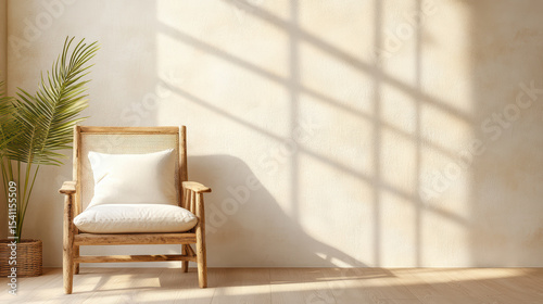 Rustic chair with soft pillow sits in sunlit room  casting gentle shadows on wall