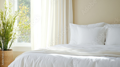 Serene bedroom featuring cozy bed with white bedding  soft pillows  and natural light streaming