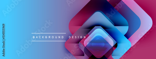 Abstract geometric shapes overlap, creating vibrant gradient effect. Blue transitions to purple, magenta hues dominate central area. Modern design.