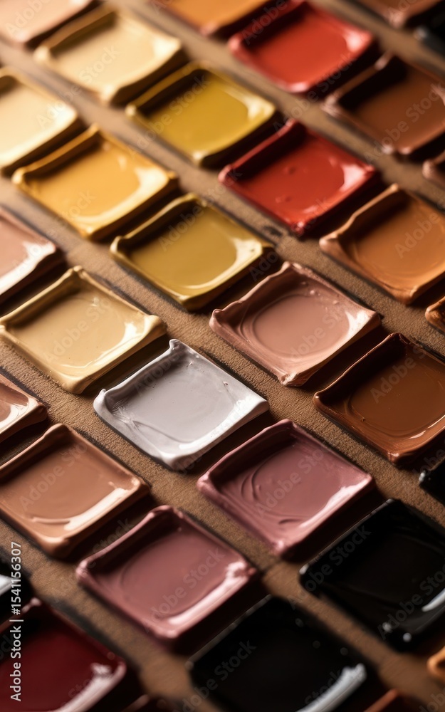 Fototapeta premium Palette filled with assorted fluid foundations in various colors, close up