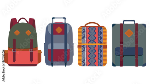 A collection of four different types of luggage including a backpack and three suitcases lined up