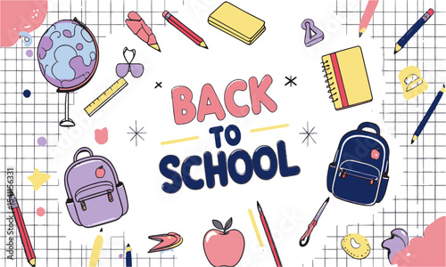 Design a playful and vibrant "Back to School" vector illustration composed of art, elements such as pencils, scissors, notebooks, backpacks, globes, apples, rulers, calculators, easily editable.