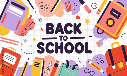 Design a playful and vibrant "Back to School" vector illustration composed of art, elements such as pencils, scissors, notebooks, backpacks, globes, apples, rulers, calculators, easily editable.