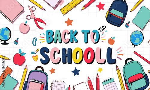 Design a playful and vibrant "Back to School" vector illustration composed of art, elements such as pencils, scissors, notebooks, backpacks, globes, apples, rulers, calculators, easily editable.