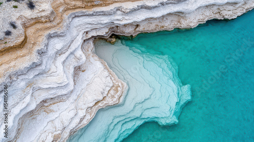 Aerial view of stunning estuarine interface showcasing layered rock formations and turquoise