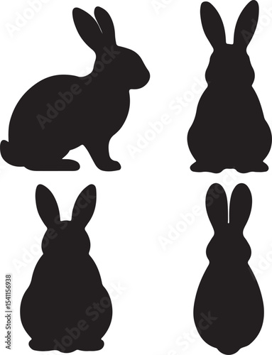 Rabbit silhouette icons set side, front, back, and top views vector art illustration.