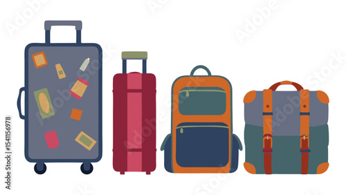 Illustration of four different types of luggage including suitcases and a backpack for travel needs