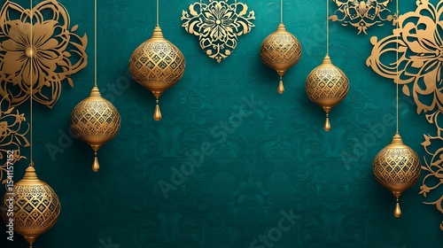 Golden Lanterns and Floral Ornaments Against a Textured Teal Background for Festive Occasions